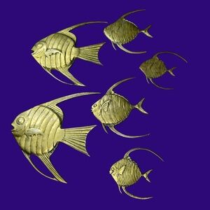 Vintage Brass Angelfish Wall Decor Set 6 Hollywood Regency MCM Fish Wall Art